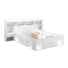 Ensemble lit adulte 140 x 190/200 cm & Tête de lit avec rangement et liseuses LED - Décor blanc mat