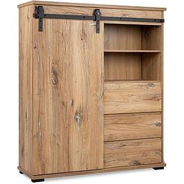 MANZANO sideboard - Flagstaff Oak decor - 1 sliding door + 3 drawers + 2 niches - L120 x H140 x D40 cm