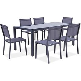 Garden dining set for 6 people Aluminum - Table with glass top 180 x 90 cm + 6 chairs and textilene seat - Gray