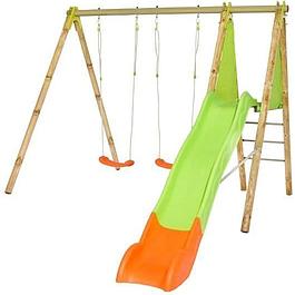 Wood and metal swing set with 2 swings and 1 slide - ARROBA TRIGANO