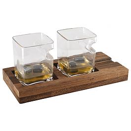 WHISKEY SET - TWO GLASSES WOODEN STAND 4 CERAMIC STONE ICE CUBES