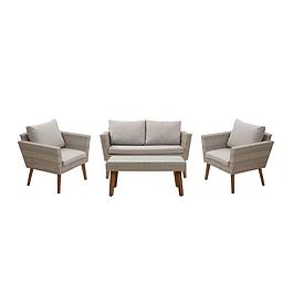 Salon de jardin en résine tressée et pieds en bois d'Acacia avec coussins - 4 personnes