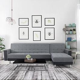 Canapé d'angle 3 places réversible - Tissu gris et simili noir - Pieds en acier