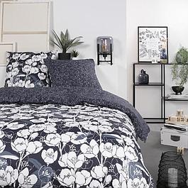 Parure de lit - 2 personnes - 260 x 240 cm - 100% coton - Bleu marine Motif Floral