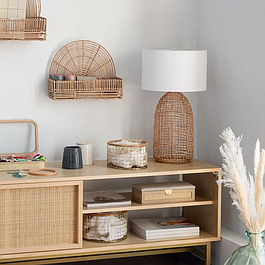 Lampe Cylindrique avec pied rotin & abat-jour coton