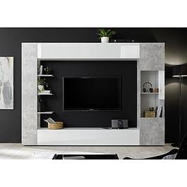 SIENNA Composition murale TV - Laqué blanc et béton - L295 x P30 x H187 cm
