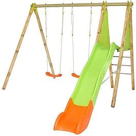 Portique bois et métal 2 balançoires et 1 toboggan - TRIGANO
