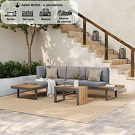 Salon de jardin en aluminium 4 personnes - Modulable en canapé ou en transats