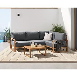 Salon de jardin canapé d'angle - Aluminium effet bois - 5 personnes - Gris clair