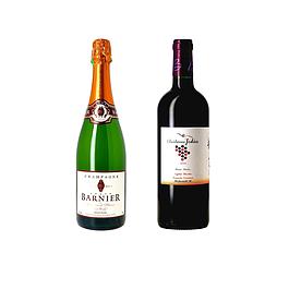 Ensemble champagne Roger Barnier brut blanc et vin rouge Bordeaux